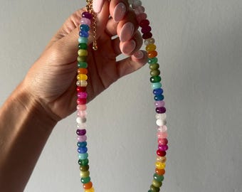 Rainbow Beaded Necklace, Multicolor Beaded Necklace, Colorful Bead Necklace, Layering Necklace, Stackable Bead Necklace, Glass Bead Necklace