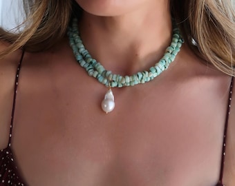 Turquoise Beaded Stacking Necklace with Pearl Drop, Aaua Blue Beaded Choker, Pearl Drop Necklace