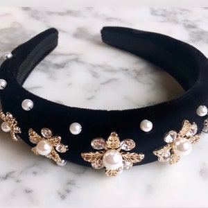 Floral Motif Black Velvet Headband, Pearl Crown, Black and Gold Headpiece, Christmas Headband, Black Padded Headband, Bridal Headpiece,