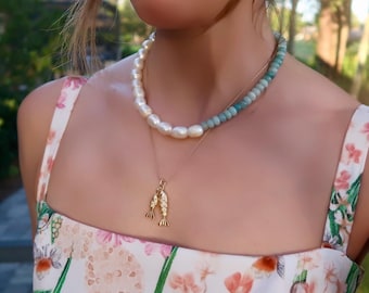 Seashell Pearl Necklace, Two-Toned Freshwater Pearl Beaded Necklace, Half and Half Beaded Necklace, Summer Jewelry, Blue Beaded Necklace