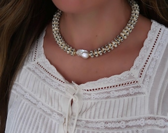 Neutral Two-Toned Beaded Necklace, Two Toned Black and White Beaded Necklace, Oversized Beaded Necklace