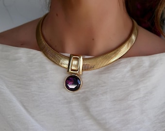 1980s Vintage Omega Collar with Amethyst Pendant, Vintage Gold Tubogas Collar with Removable Pendant, Vintage Gold Collar