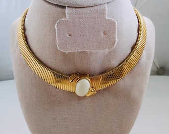 1990s Vintage Omega Necklace with Onyx-Toned Pendant, Vintage Gold Tubogas Collar with Ivory-Toned Pendant, Vintage Gold Choker