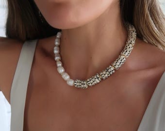 Two Toned Freshwater Pearl and Ashanti Bead Necklace, Two Toned Black and White Beaded Necklace, Oversized Beaded Necklace