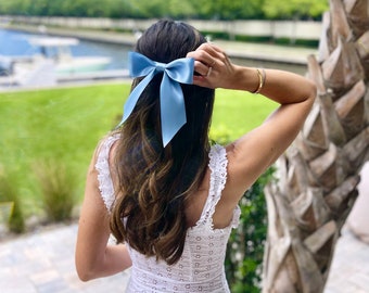 Brigitte Hair Bow Barrette, Blue Hair Bow, Satin Hair Bow, Velvet Hair Bow, Something Blue Gift, Bridal Hair Bow, Wedding Hair