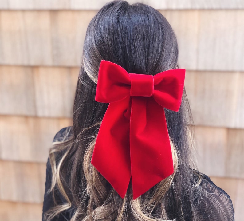 Red Velvet Hair Bow Barrette Large Hair Bow Christmas Hair Etsy