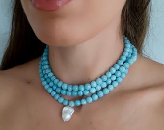 Powder Blue Beaded Stacking Necklace with Pearl Drop, Powder Blue Beaded Choker, Pearl Drop Necklace
