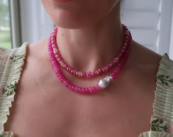 Flamingo Pink Beaded Necklace, Tropical Punch Pink Beaded Necklace, Bright Pink Beaded Necklace, Pearl Beaded Necklace