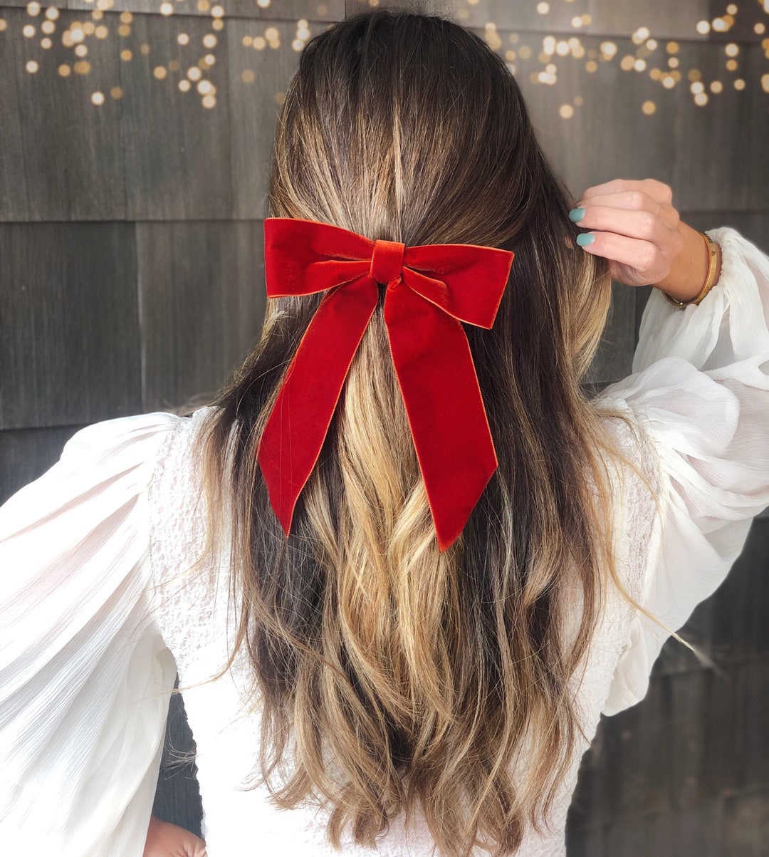 Rust Velvet Hair Bow, Brigitte Hair Bow Barrette (slim), Red Bow