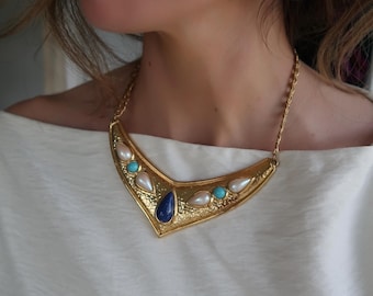 Vintage 1970s Hammered Gold Modernist Necklace, Pearl Turquoise Lapis, Vintage Gold Collar, Modernist Gold Necklace, Vintage Gold Necklace