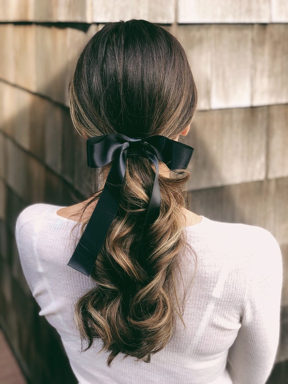 Black Satin Hair Bow Barrette, Black Satin Floppy Hair Bow  display picture 1