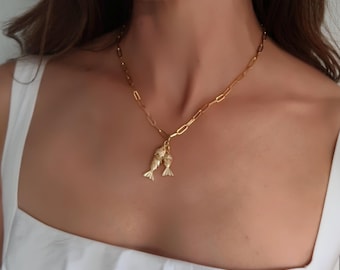 14K vergoldete Muttertag Fisch Charm Halskette, Gold Link Fisch Halskette, lange Goldfisch Halskette, Mutter Charm Halskette