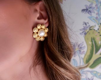 Vintage 1990s Gold Sun Earrings, Antique Gold Earrings, Vintage 90s Earrings, Vintage Gold Earrings, Vintage Pearl Earrings