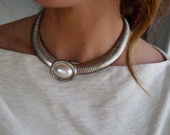 Vintage 1980s Omega Silver Tubogas Necklace, Vintage 80s Silver Collar Necklace, Herringbone Silver Necklace, Vintage Silver Necklace