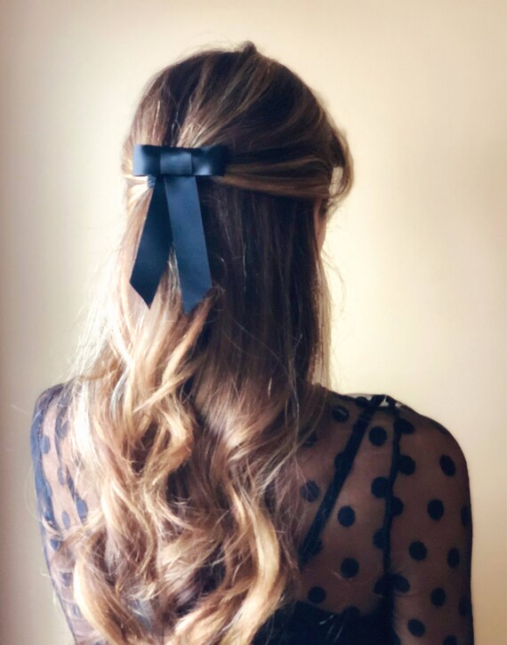 Small Black Satin Hair Bow Barrette Delicate Kids Bow Sweet Etsy