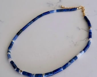 Blue Sodalite Beaded Necklace, Blue Tubular Beaded Necklace, Blue Beaded Necklace