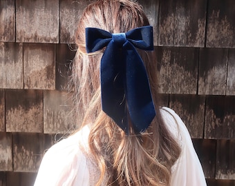 Brigitte Bardot Hair Bow Barrette (slim), Navy Blue Bow Barrette, Grosgrain Hair Bow, Velvet Hair Bow, Something Blue