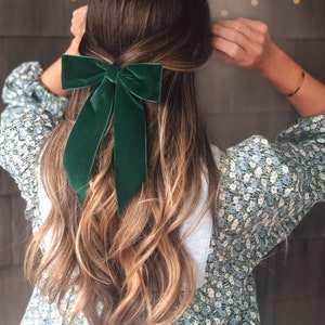 Green Velvet Hair Bow, Brigitte Hair Bow Barrette (slim), Dark Green Bow Barrette, Velvet Hair Bow, Christmas Hair Bow