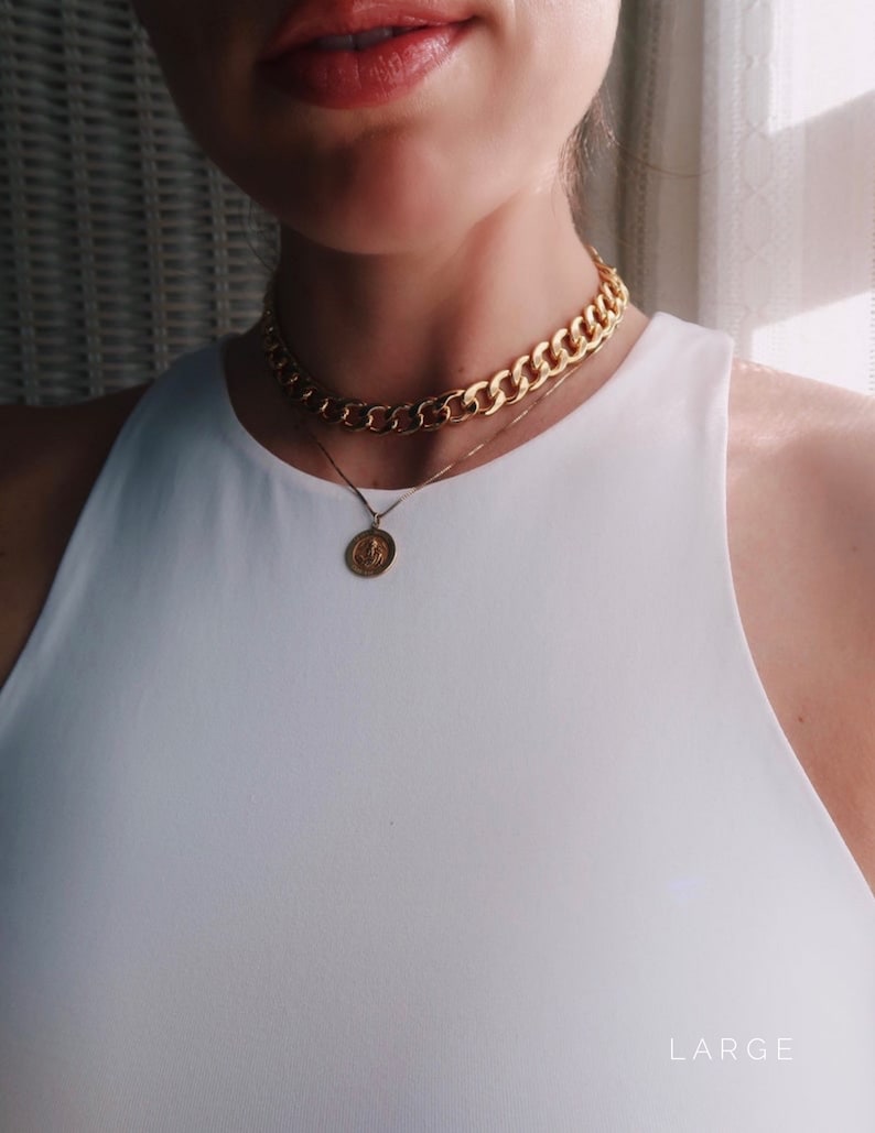 Cuban Link Necklace, Gold-Plated Curb Chain Necklace, Gold Chain Choker, Gold Chunky Chain Necklace, Minimalist Gold Jewelry image 3