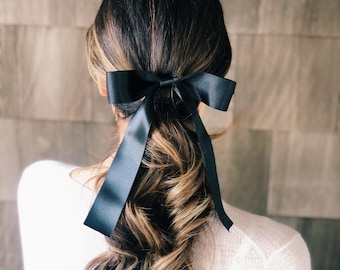 Black Satin Hair Bow Barrette, Black Satin Floppy Hair Bow, Delicate Hair Bow, Gift for Her, Classic Hair Bow