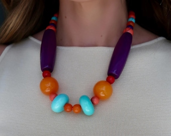 1990s Vintage Tropical Multicolor Chunky Beaded Necklace, Vintage 90s Colorful Beaded Necklace, Vintage Beaded Necklace