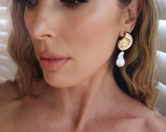 Gold Shell Earrings, Conch Shell Pearl Earrings, Baroque Pearl Earrings, Freshwater Pearl Earrings,  Statement Earrings