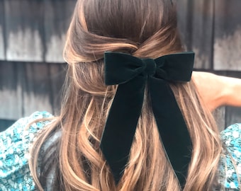 Dark Green Velvet Hair Bow, Brigitte Bardot Hair Bow Barrette (slim), Green Bow Barrette, Velvet Hair Bow, Christmas Hair Bow