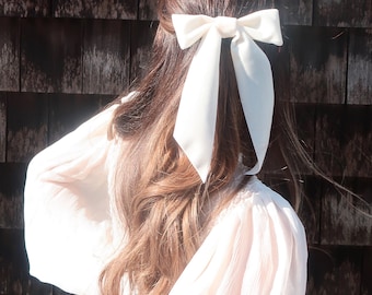 Brigitte Hair Bow Barrette (slim), Ivory Hair Bow, Grosgrain Hair Bow, Velvet Hair Bow, White Hair Bow, Bridal Hair Bow, Wedding Hair