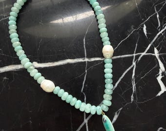Aquamarine and Freshwater Pearl Beaded Necklace, Fish Charm Beaded Necklace, Aquamarine Beaded Necklace, Fish Necklace