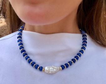 Lapis Lazuli Blue Beaded and Gold Necklace with Pearl Drop, Blue Beaded Choker, Blue and Pearl Drop Necklace