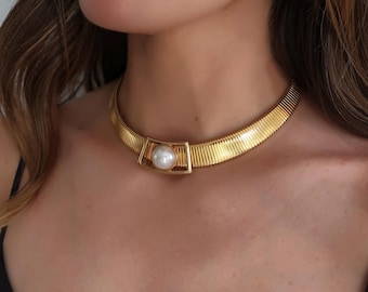 1980s Vintage Omega Collar with Pearl Pendant, Vintage Gold Tubogas Collar with Removable Pendant, Vintage Gold Collar