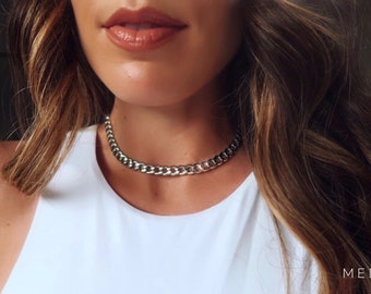 Cuban Link Necklace, Silver Curb Chain Necklace, Silver Chain Choker, Silver Chunky Chain Necklace, Minimalist Silver Jewelry