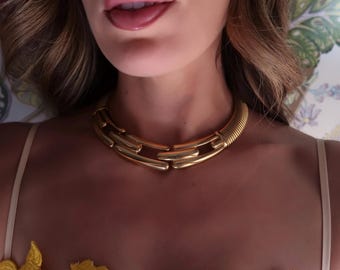 1990s Givenchy Gold Tubogas Link Necklace, Vintage Givenchy Tubogas Necklace, Vintage Givenchy Gold Collar, Vintage Givenchy Gold Necklace