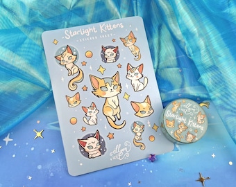 Starlight Kittens | Cute | Stickers | Scrapbooking | Washi Tape | Planning | Decorating | Cosy | Starry | Kawaii | Sticker Sheet | ellyonart
