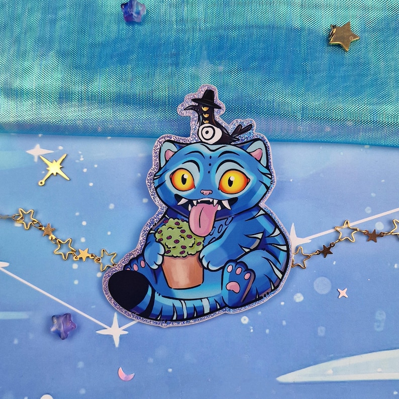 K-Pop Dämonenjäger | Kollektion | Tigerkrähe | Fantasie Tier | Derpy Holographische Aufkleber | Blauer Tiger | Geschenk Bild 3
