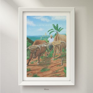 May include: A painting of two brown oxen pulling a plow in a field. The oxen are wearing yokes and the farmer is wearing a straw hat. The painting is titled "Benjamin Rodriguez".