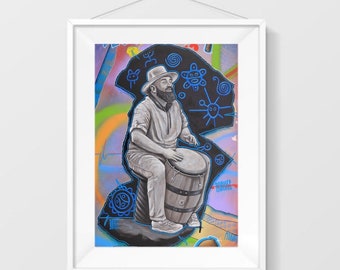 May include: A painting of a man playing a drum with a colorful background. The man is wearing a hat and has a beard. The background is a mix of blue, green, yellow, and orange. The drum is brown and has a black base. The painting is titled "Spirit Drummers".