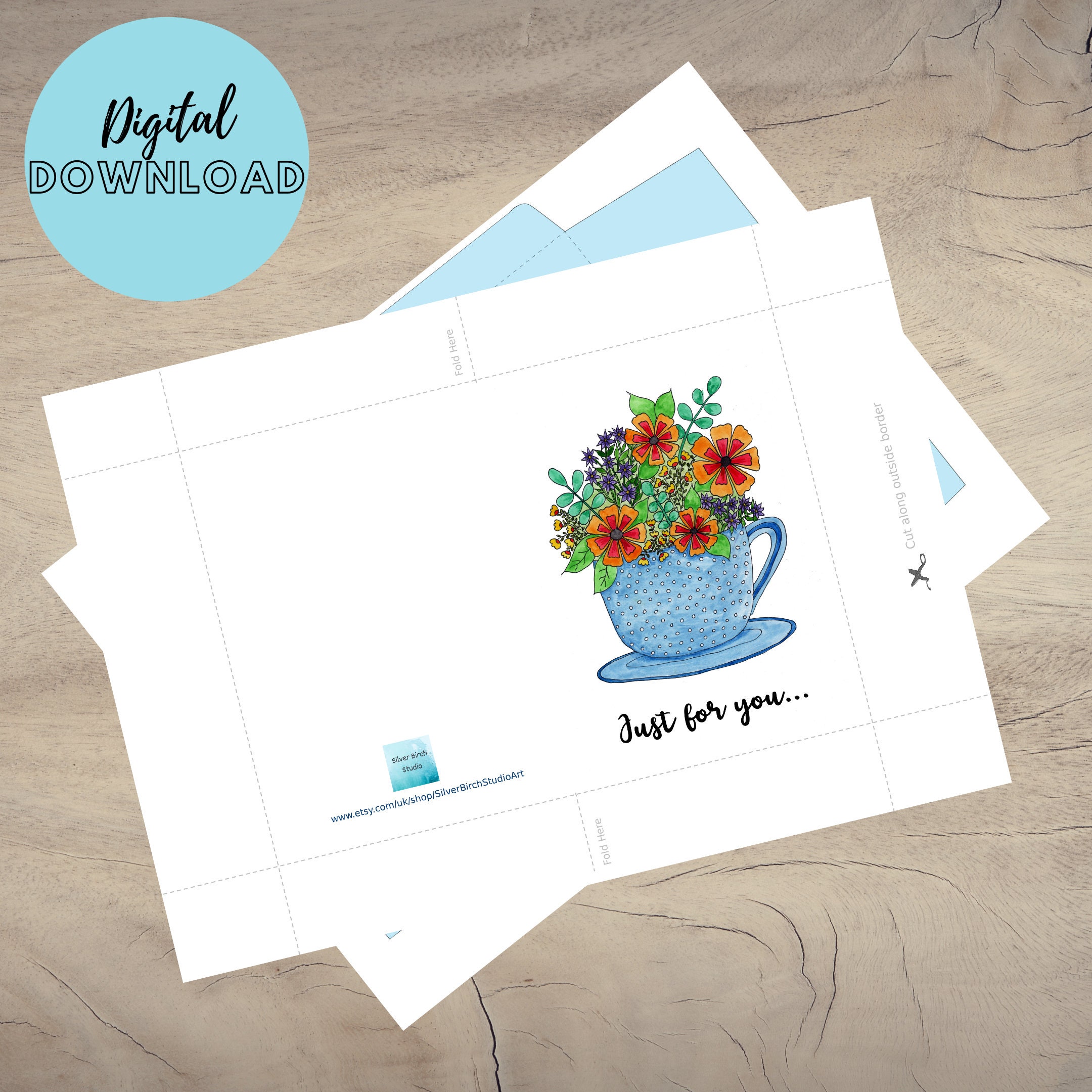 Just for You Card Gift Card Instant Downloadable Card Printable Card Flowers for You Card ...
