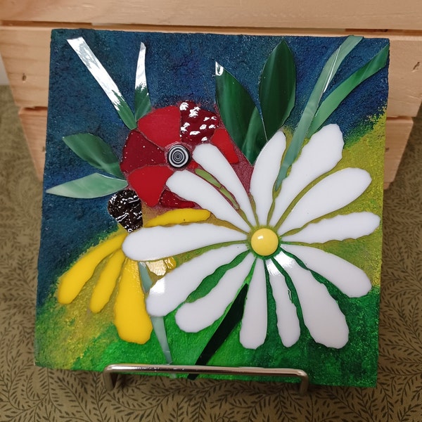 Flower Mosaic, Mosaic Art, BalsamCreekDecor, Daisy Mosaic, Painted Grout Mosaic, Home Decor