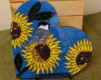 Chickadee with Sunflowers on Heart, Heart Mosaic, Mosaic Decor, BalsamCreekDecor, Mosaic Heart, Sunflower Mosaic, Chickadee Mosaic