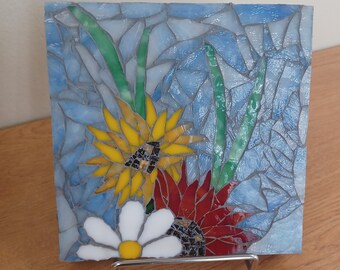 Flower Mosaic, Trio of Flowers, BalsamCreekDecor, Stained Glass Mosaic, Mother's Day Gift, Home Decor