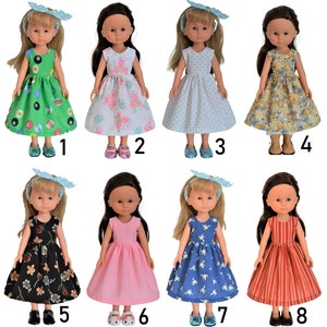 May include: Eight dolls wearing different dresses. The dolls have blonde hair and are wearing blue headbands. The dresses are in various colors and patterns, including floral, polka dot, and striped.