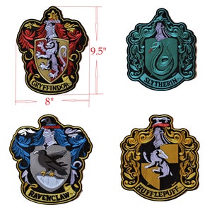 May include: Four embroidered iron-on patches featuring the Hogwarts house crests: Gryffindor (lion), Slytherin (snake), Ravenclaw (raven), and Hufflepuff (badger). Each patch is 9.5 inches tall and 8 inches wide.