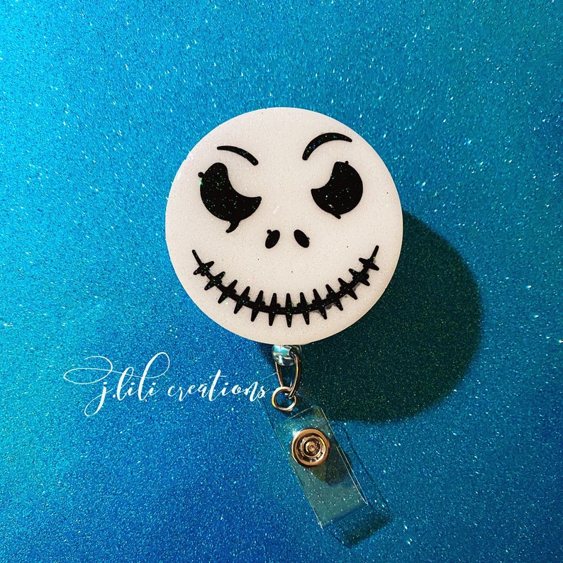 Jack and Sally Nightmare before Christmas Halloween badge reel wipeable Jack Skellington