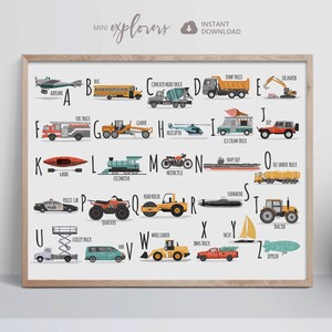 Pôster do alfabeto do carro, impressão de transporte, arte de parede de veículo, decoração de quarto de menino, arte de berçário de criança, ABC para impressão, impressão horizontal de sala de jogos