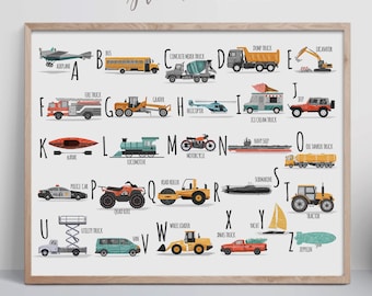 Car alphabet poster, Transportation print, Vehicle wall art, Boy room decor, Toddler nursery art, ABC printable, Horizontal playroom print