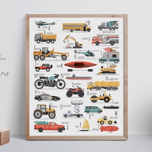 Boy ABC print, Toddler bedroom art, Printable vehicles, Car poster, Alphabet wall art, Kids transportation, Boy room decor, Playroom print