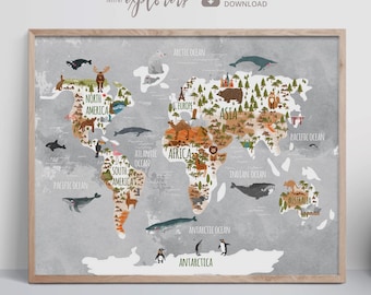 Animal world map, Woodland nursery, Kids world map print, Watercolor map with animals, Gender neutral art, Large poster, Kid wall art
