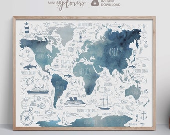 Watercolor world map print, Nautical nursery art, Kids room printable, Boys room wall art, Blue kids map, Baby boy room decor