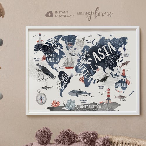 Navy Blue Map for Kids Nautical Nursery Art Printable World - Etsy